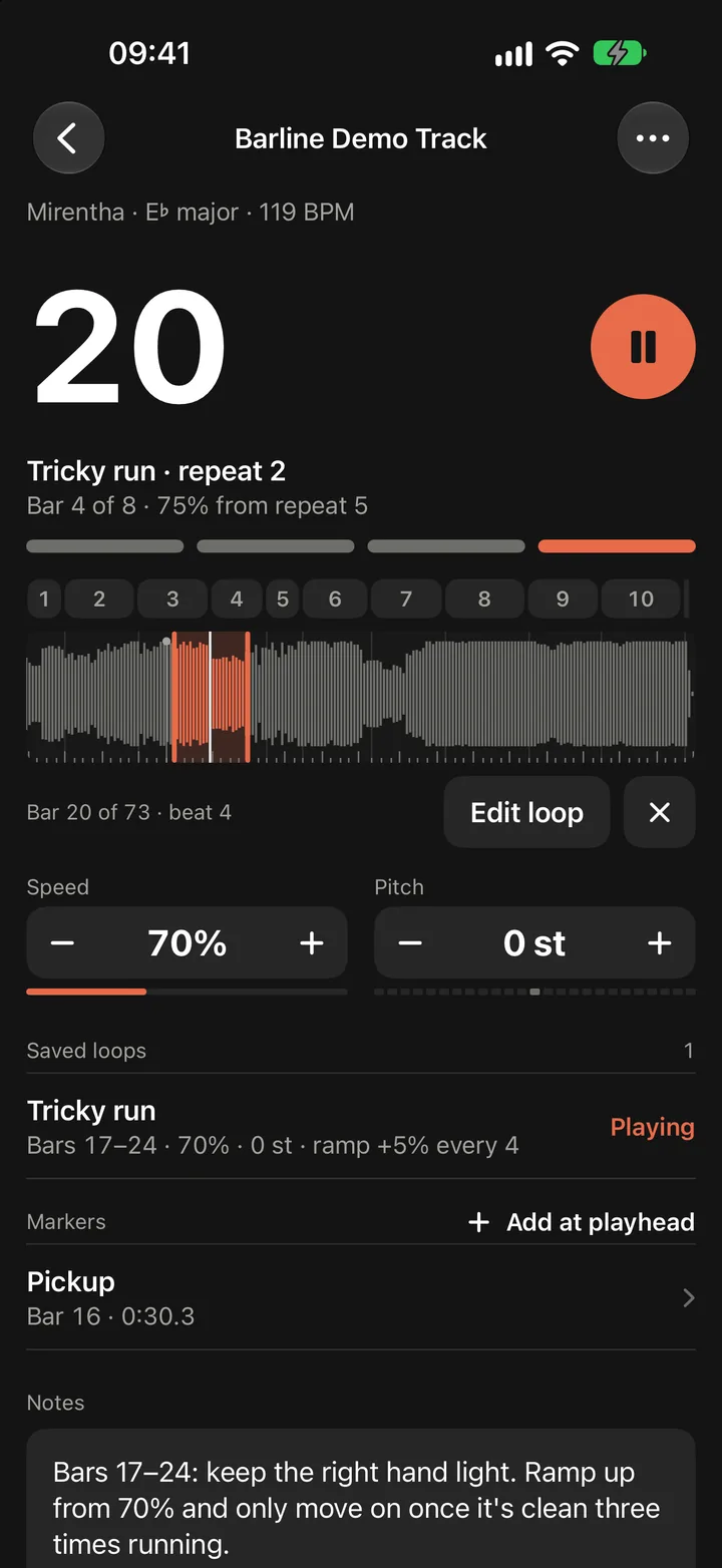 Barline Demo Track's loop Tricky run playing at 70%, pitch 0 st, on repeat 2.