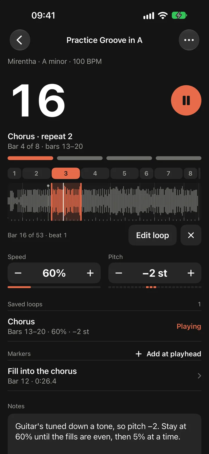 Practice Groove in A, its chorus looped at 60% and pitch −2 semitones.