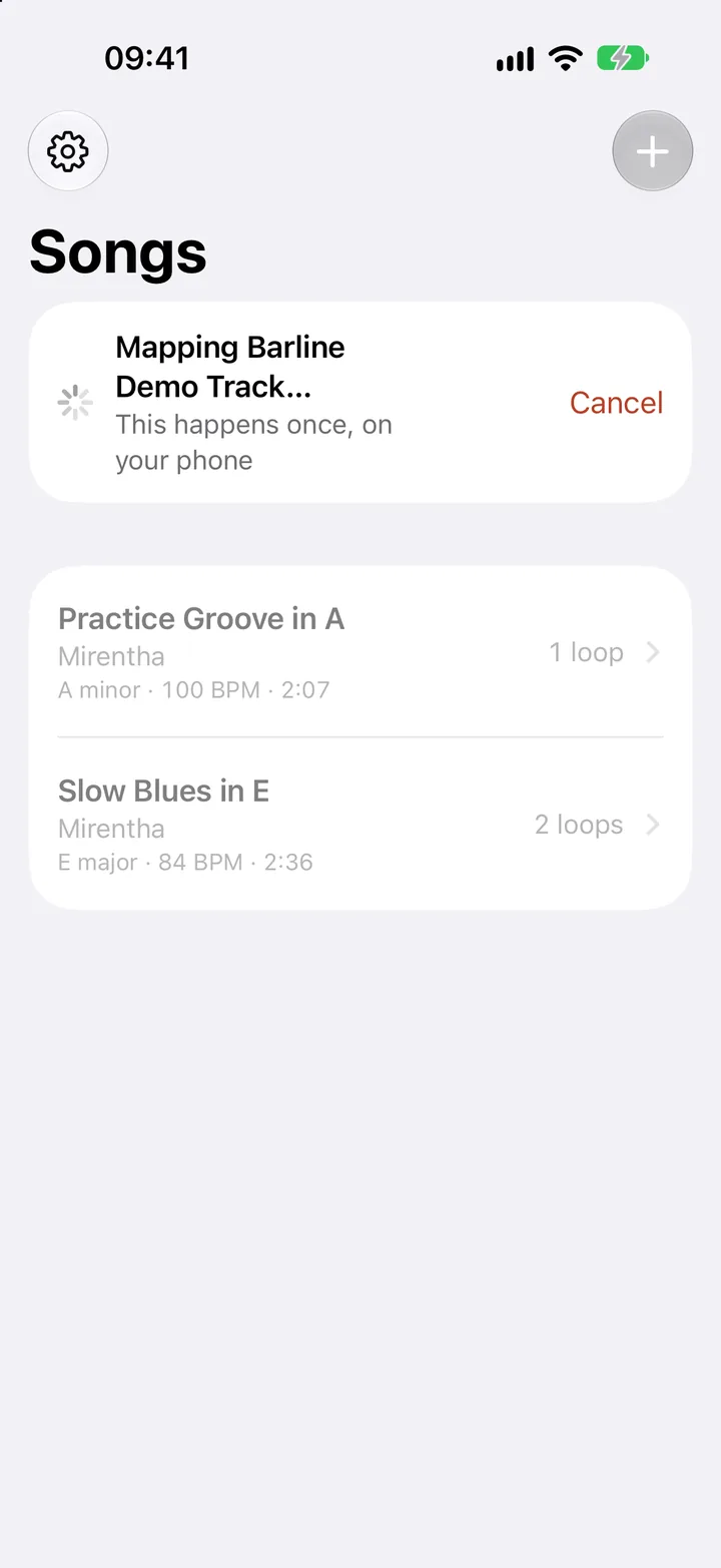 Songs, with Barline Demo Track being mapped: this happens once, on your phone.