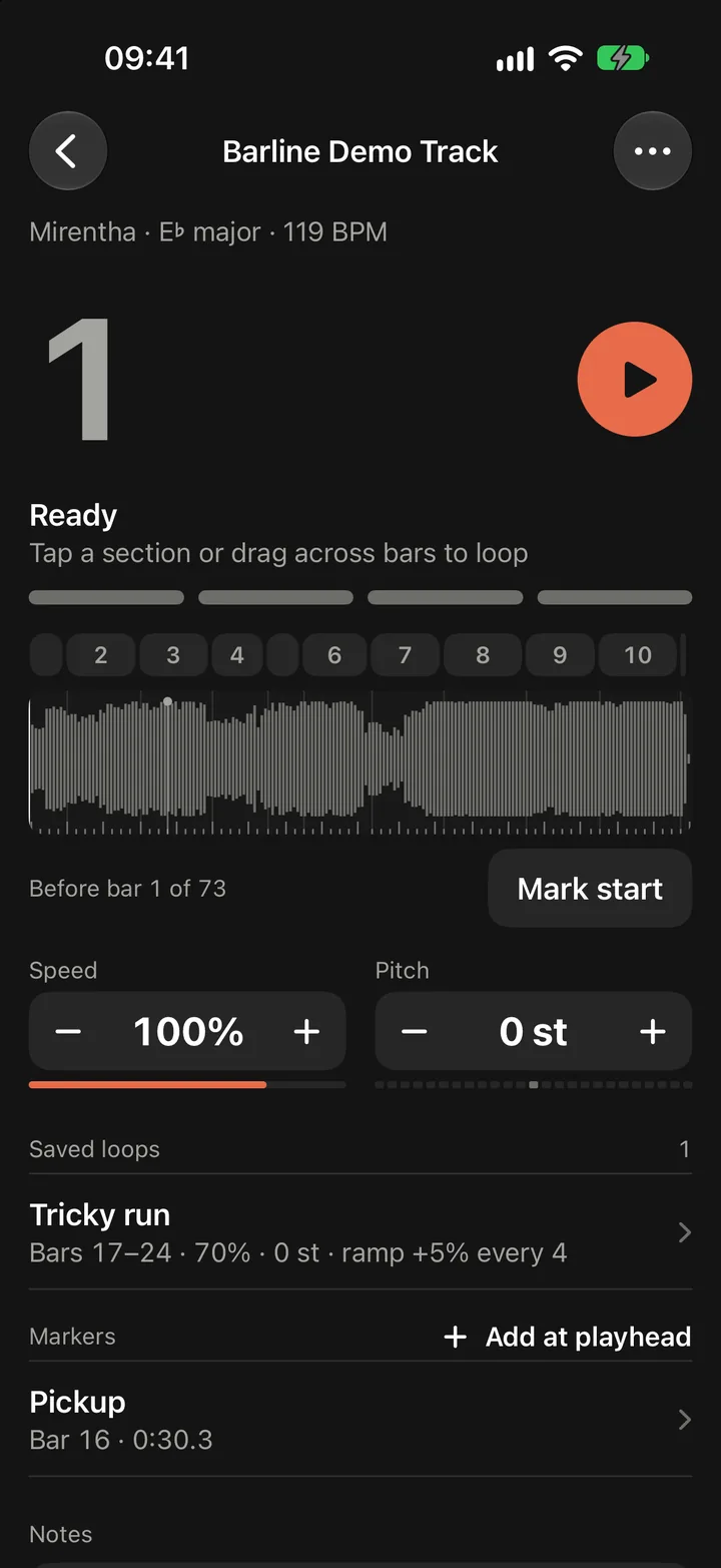 Barline Demo Track open and ready: its sections, its waveform and Before bar 1 of 73.