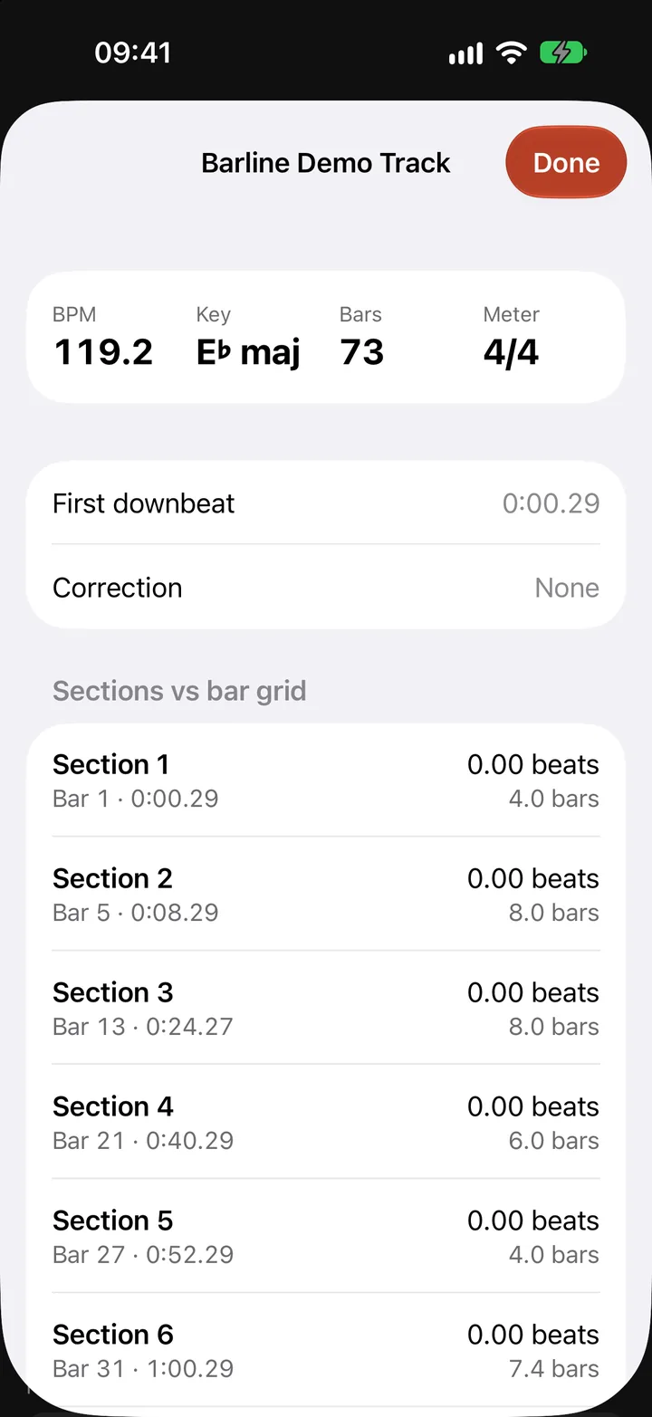 Analysis details for Barline Demo Track: 119.2 BPM, E-flat major, 73 bars, 4/4, and where each section starts.