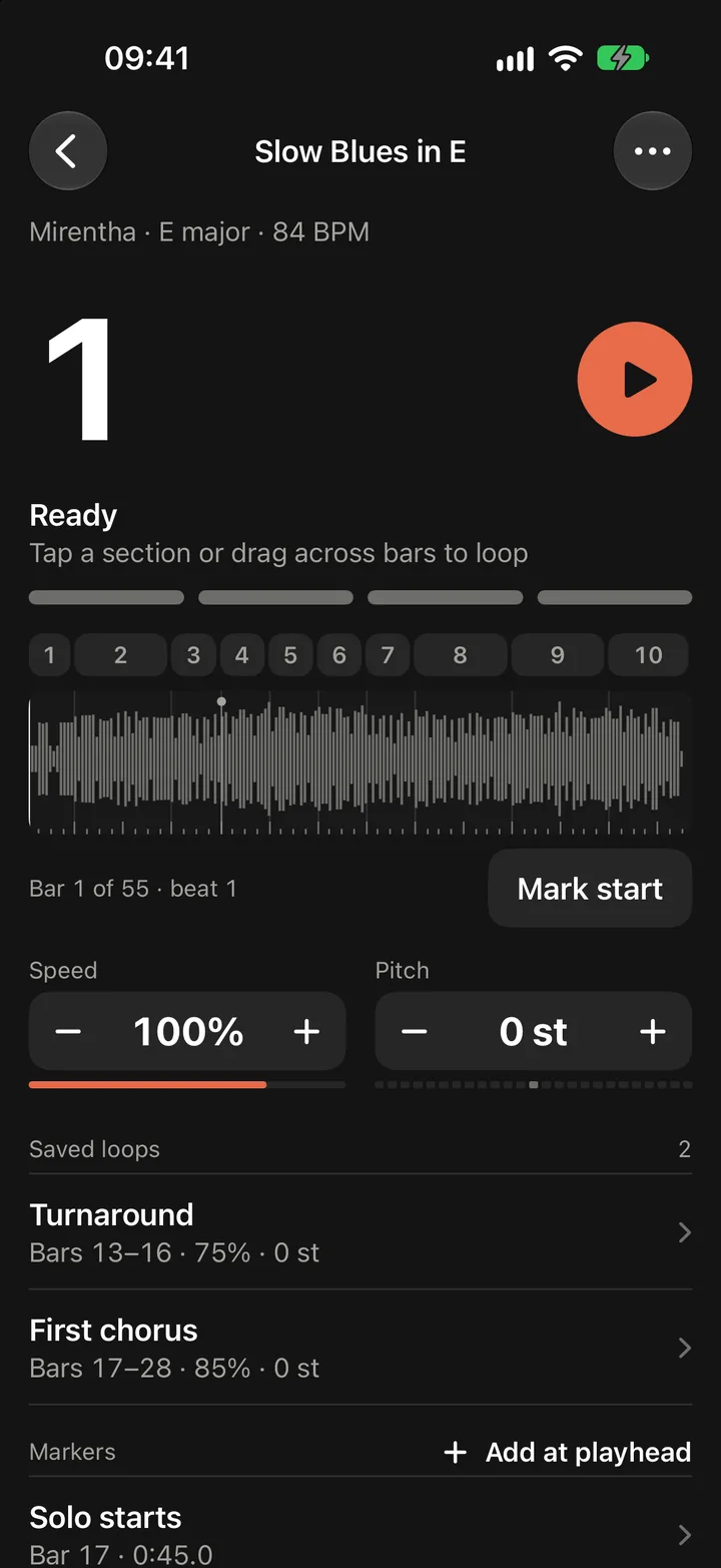 Slow Blues in E after the downbeat moved, with its loops and its marker on the new grid.