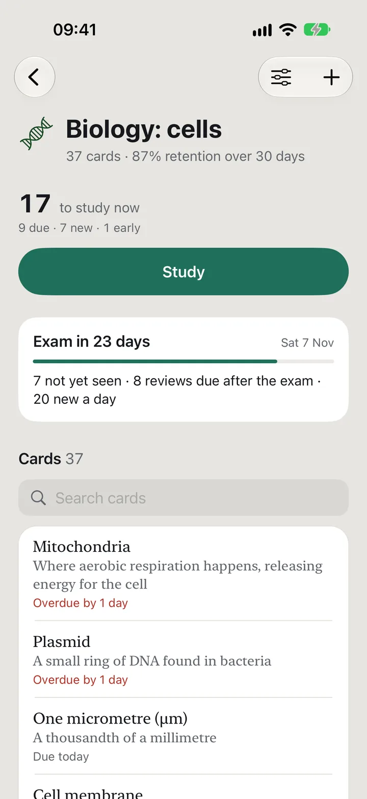 The Biology: cells deck: 17 to study now, and Exam in 23 days, Sat 7 Nov, 7 not yet seen, 8 reviews due after the exam, 20 new a day.