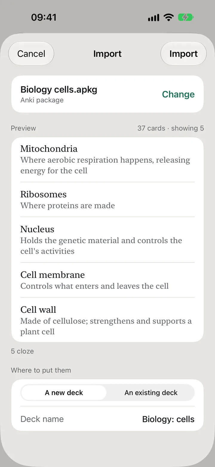 The Import sheet with Biology cells.apkg, an Anki package: a preview of its first cards and the count, and where to put them.