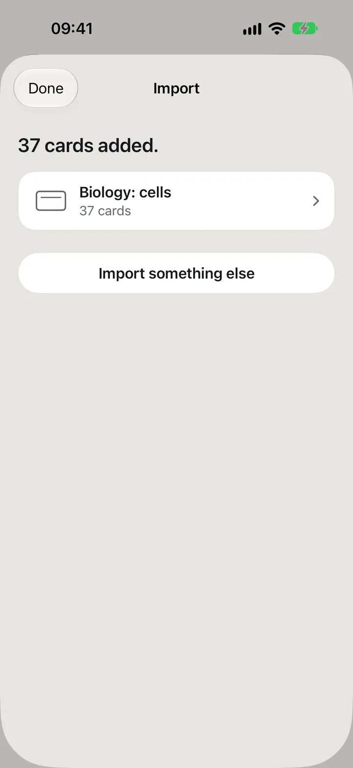 Import finished: 37 cards added to Biology: cells.