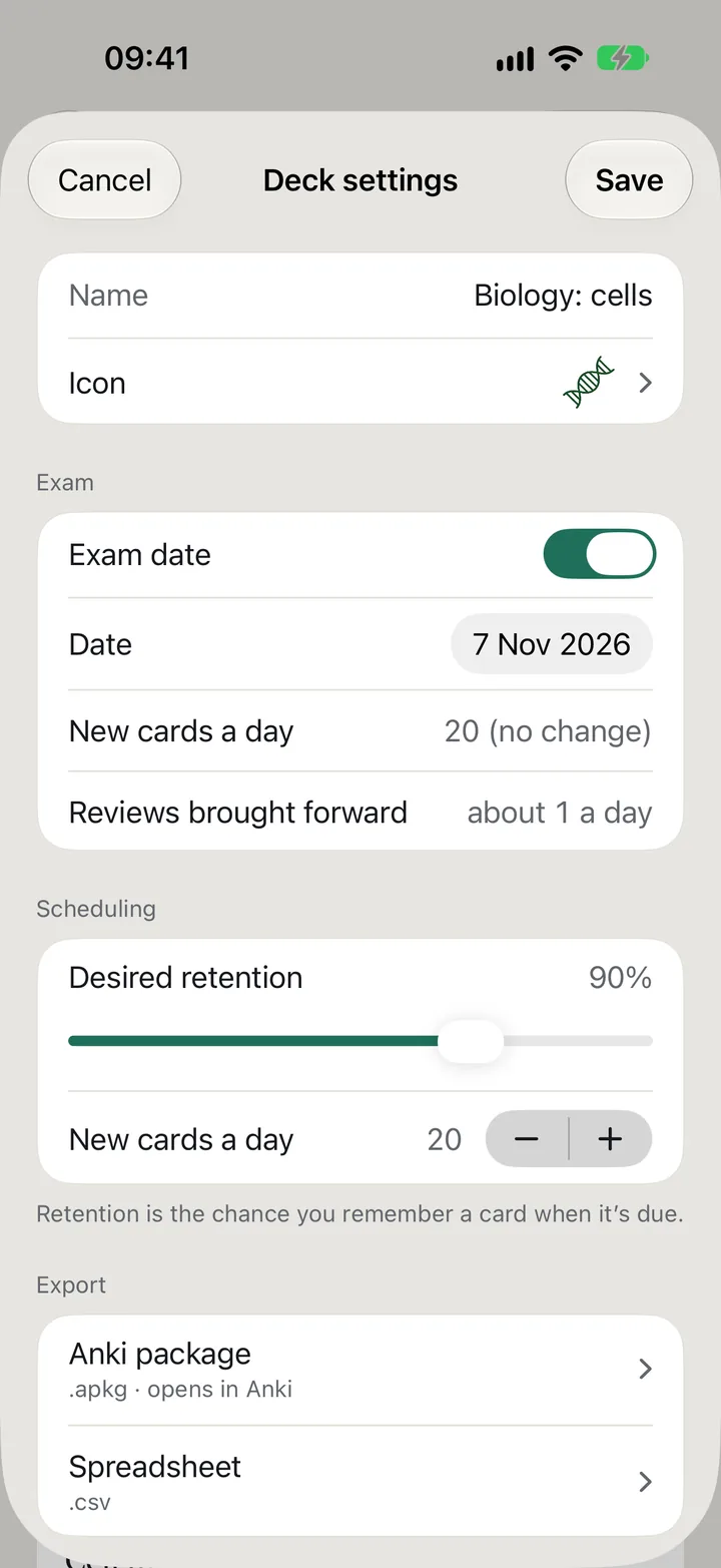 Deck settings for Biology: cells with Exam date on, Date 7 Nov 2026, New cards a day 20 (no change), Reviews brought forward about 1 a day.