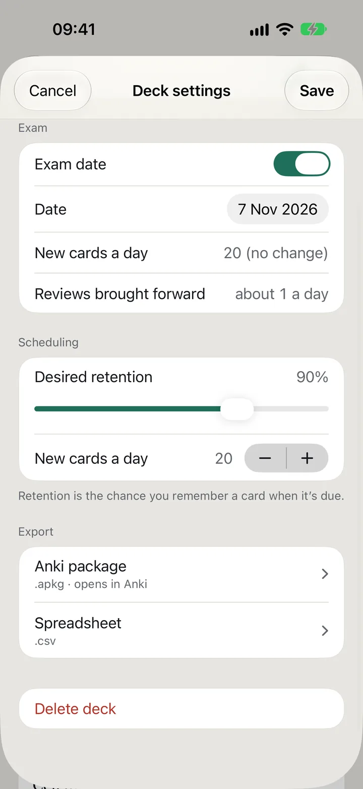 Deck settings' Export section: Anki package, .apkg, opens in Anki; Spreadsheet, .csv.