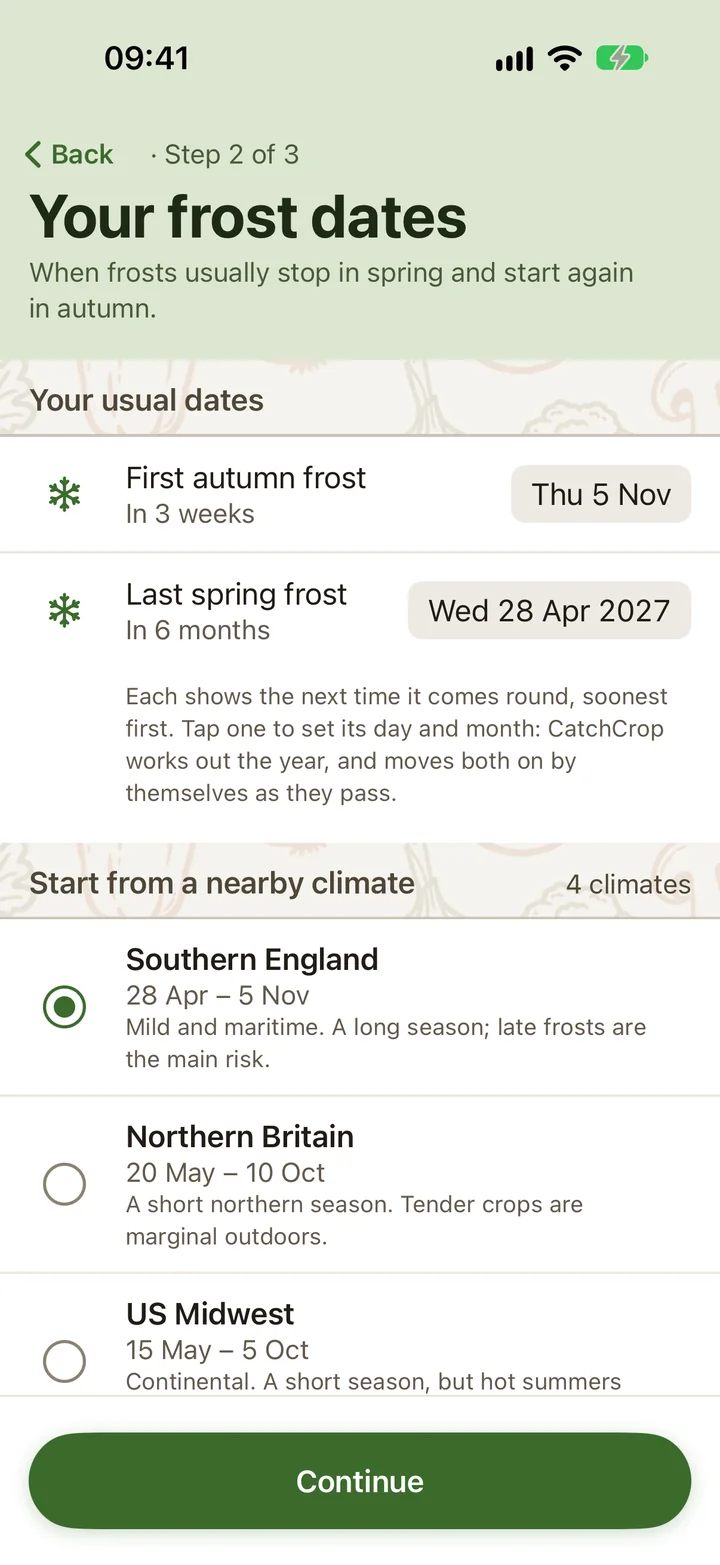CatchCrop's frost dates step: the first autumn frost on Thursday 5 November and the last spring frost on Wednesday 28 April 2027, with Southern England chosen from four nearby climates.