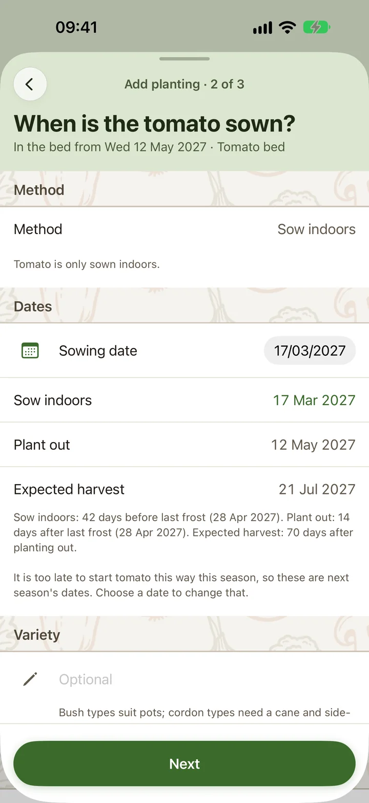 When is the tomato sown? Sow indoors 17 March, plant out 12 May, expected harvest 21 July 2027: 42 days before the last frost, 14 days after it, and 70 days after planting out.