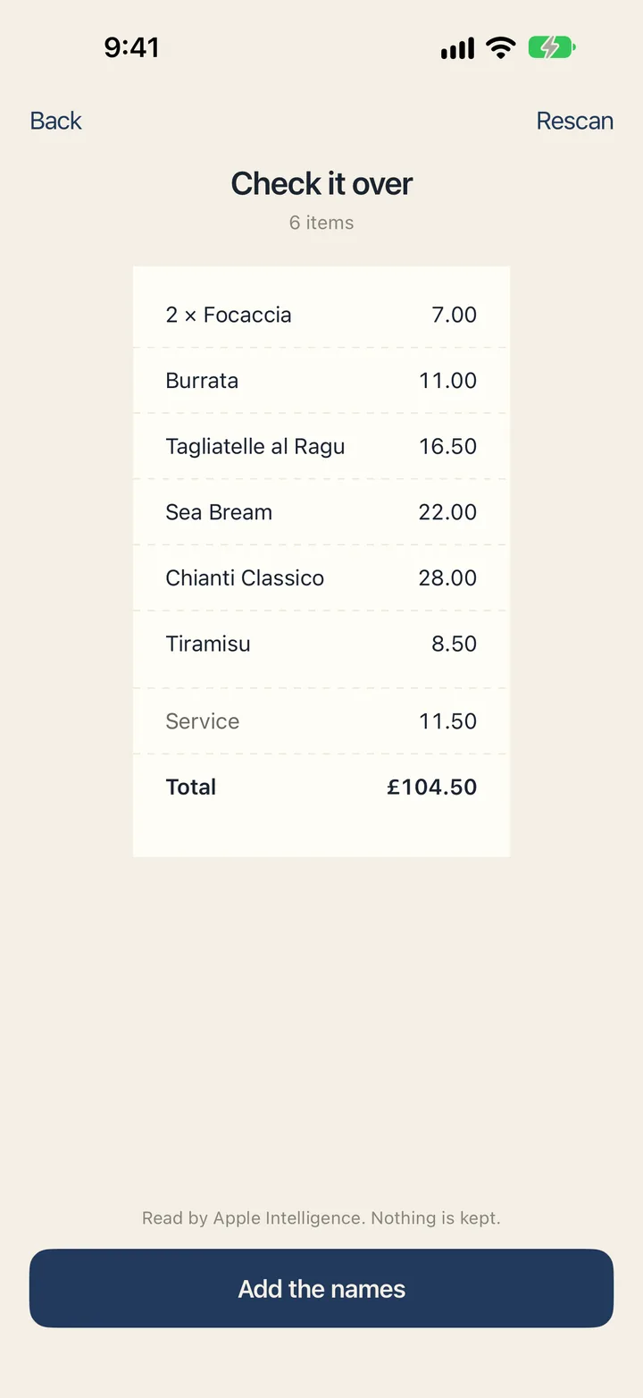 Check it over: the Trattoria Verdi bill as read, six items, service £11.50 and the total, £104.50, with Add the names.