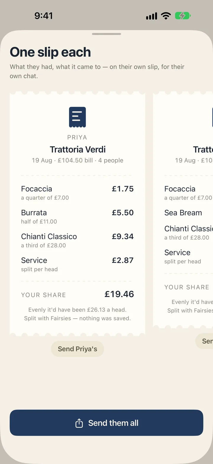 One slip each: Priya's slip from Trattoria Verdi, with her lines and her share, £19.46.