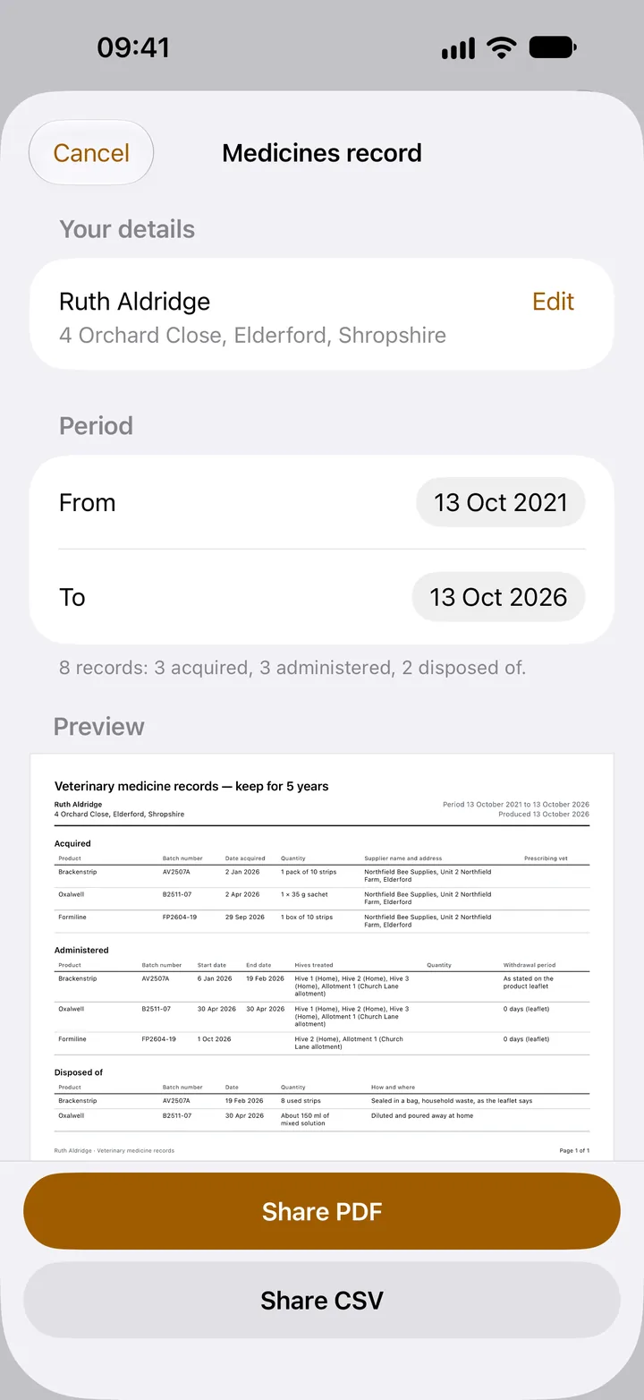 Medicines record export: Ruth Aldridge's details, the period 13 October 2021 to 13 October 2026, 8 records, a preview of the PDF, Share PDF and Share CSV