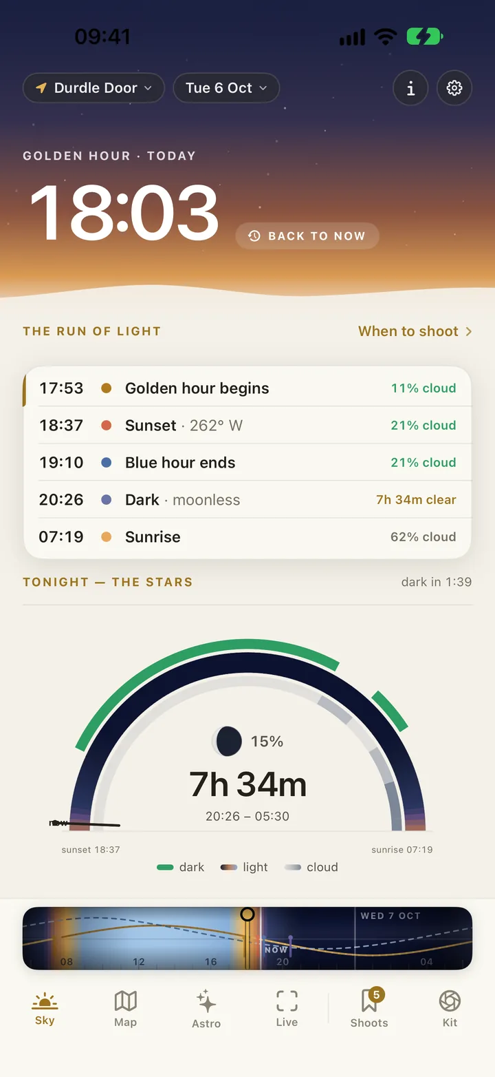 Solander’s Sky tab at Durdle Door on Tuesday 6 October: golden hour at 18:03, the run of light from 17:53 to 07:19 with each moment’s cloud, and tonight’s arc with 7h 34m of dark.
