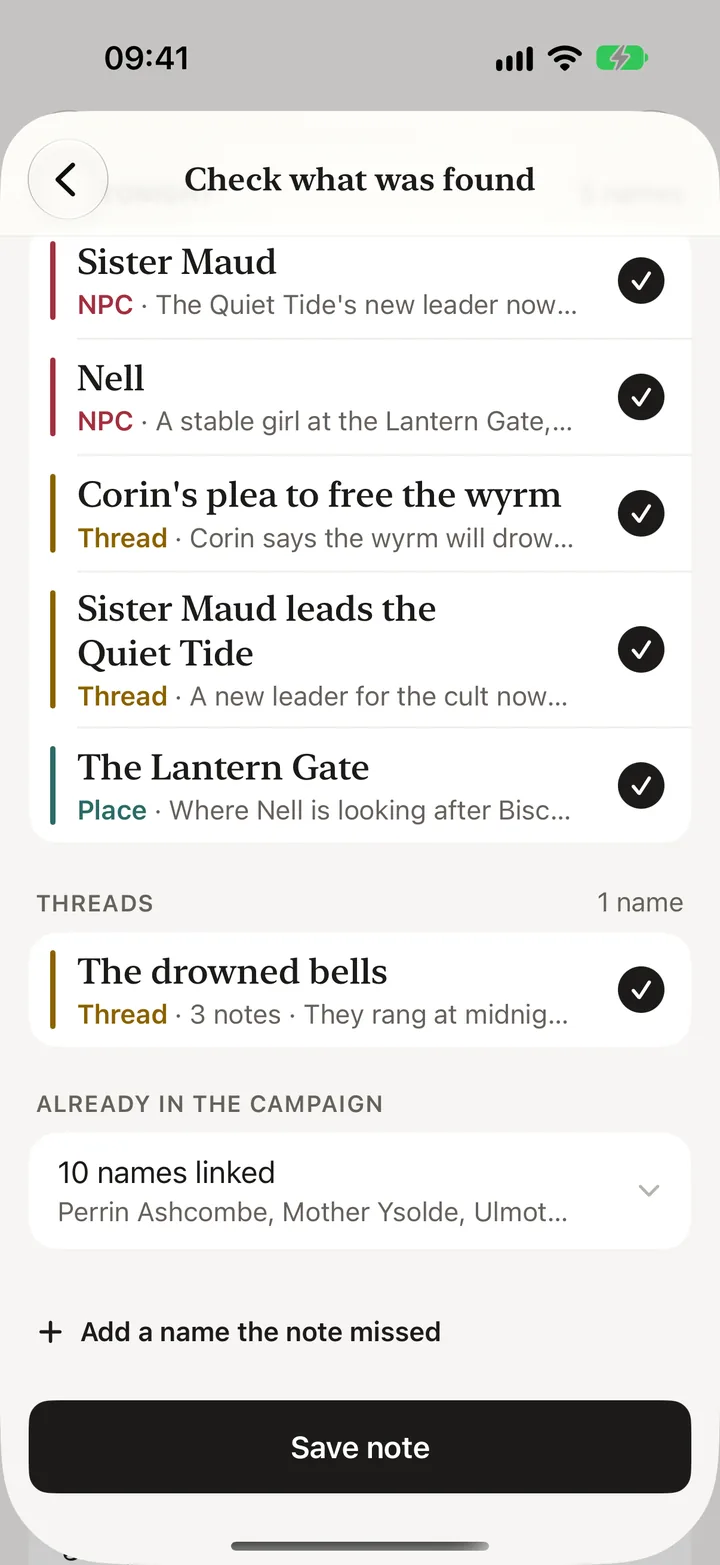 The new names tonight, each with a tick: Sister Maud and Nell, NPCs; Corin's plea to free the wyrm and Sister Maud leads the Quiet Tide, threads; the Lantern Gate, a place; and the ten names already in the campaign, linked.