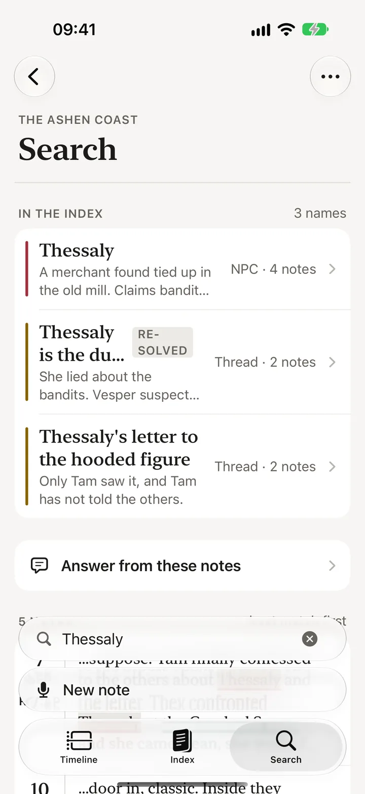 Search for Thessaly: her NPC page and two threads, Answer from these notes, then the five notes that mention her, best match first.