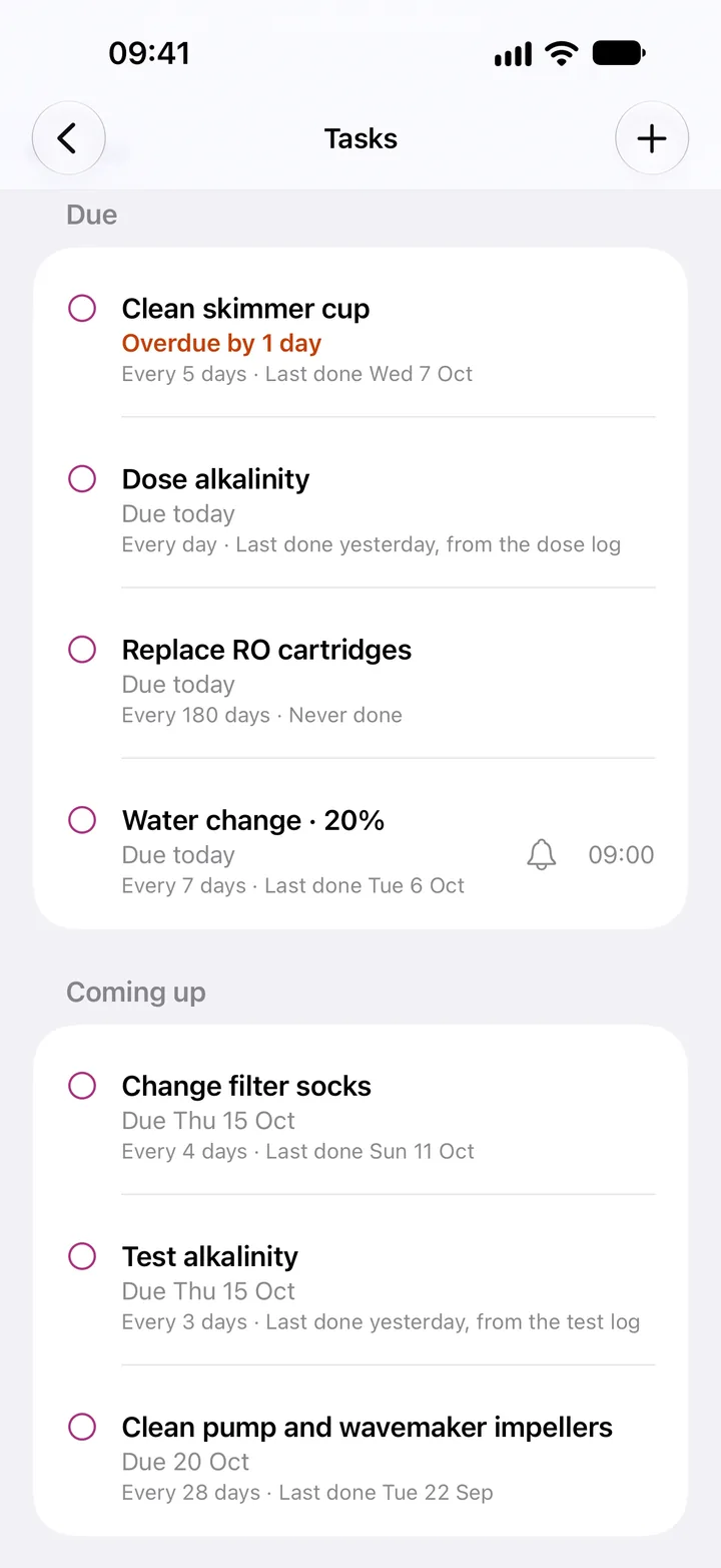 Reef 250&rsquo;s tasks: clean skimmer cup overdue by 1 day, dose alkalinity, replace RO cartridges and a 20% water change due today, and tasks coming up