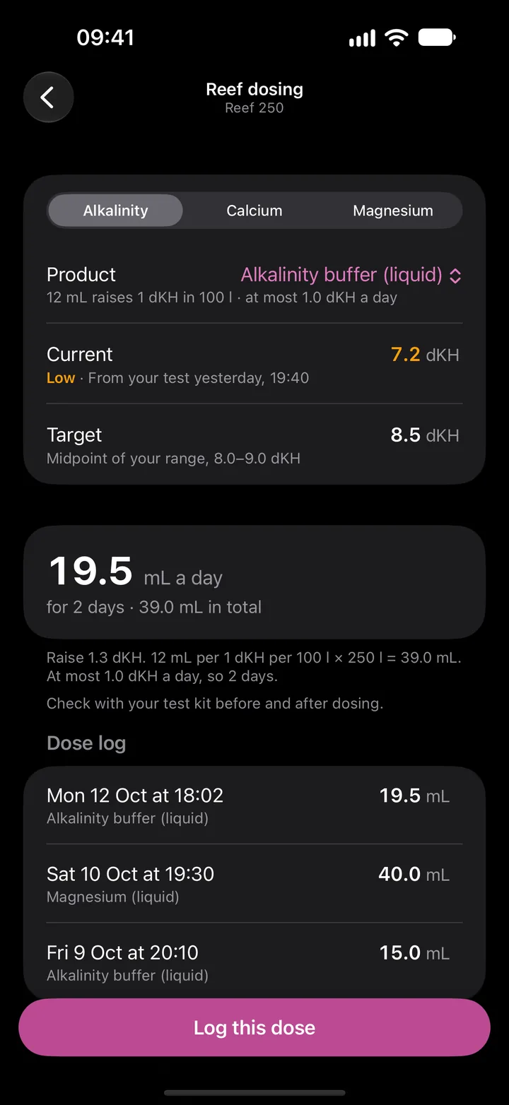 Reef dosing for Reef 250, in dark appearance: Alkalinity buffer (liquid), current 7.2 dKH low, target 8.5 dKH, 19.5 mL a day for 2 days, with the working shown